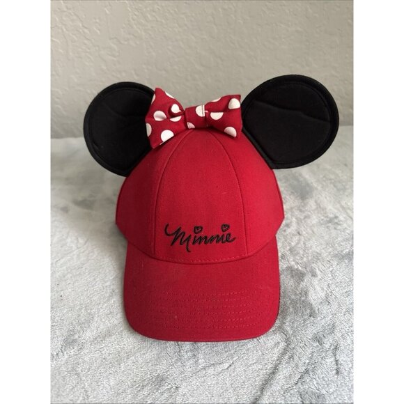 New Minnie Mouse Hat Red with Polka Dot Ears Black Bow Disney Adjustable - Picture 2 of 7